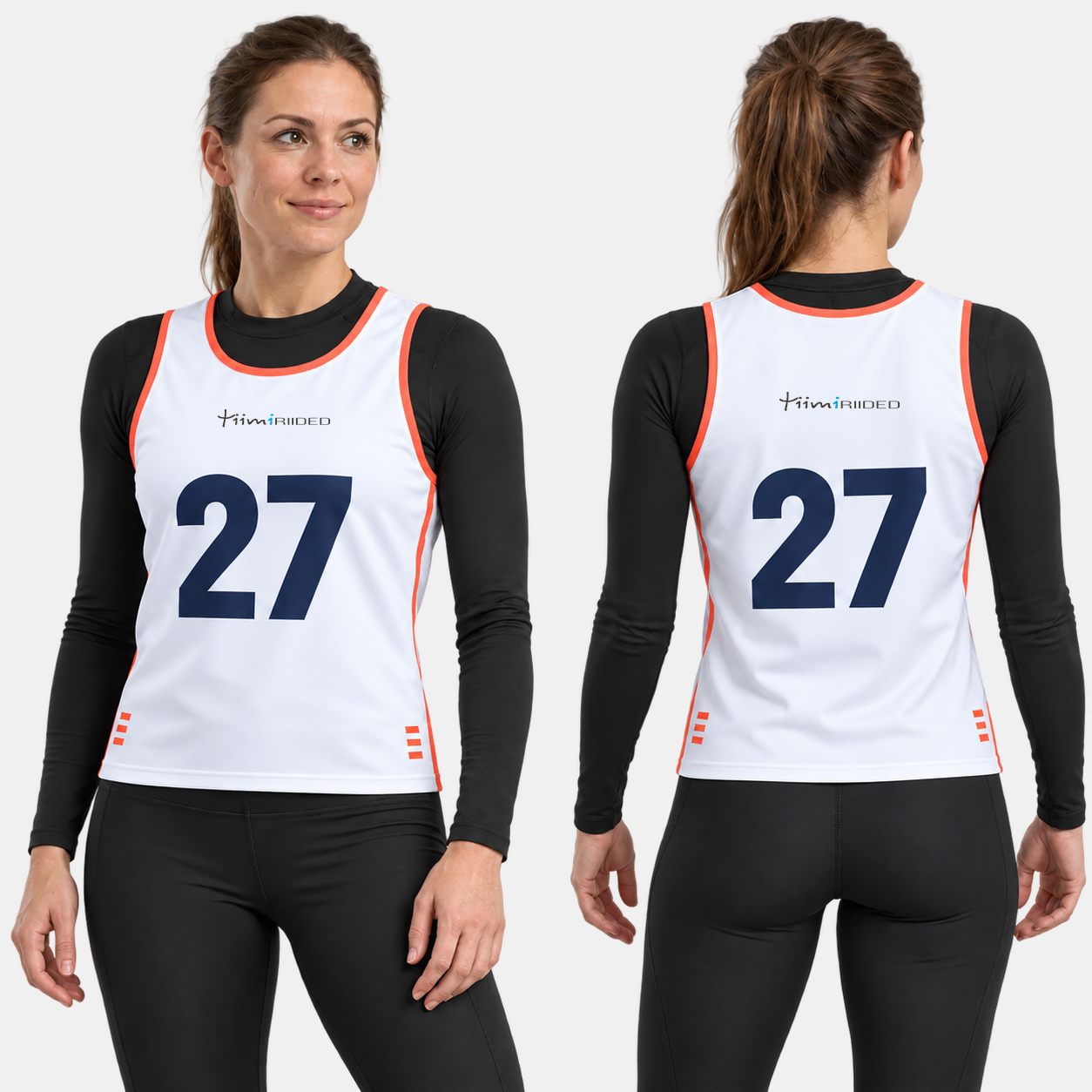 Valge korallaktsentidega numbrivest 27, naine eest ja tagant.