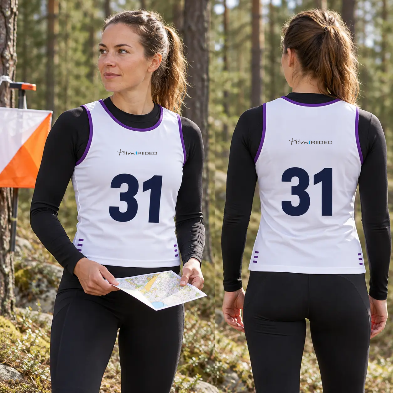 Valge lillade aktsentidega numbrivest 31 orienteerujal, eest ja tagant.