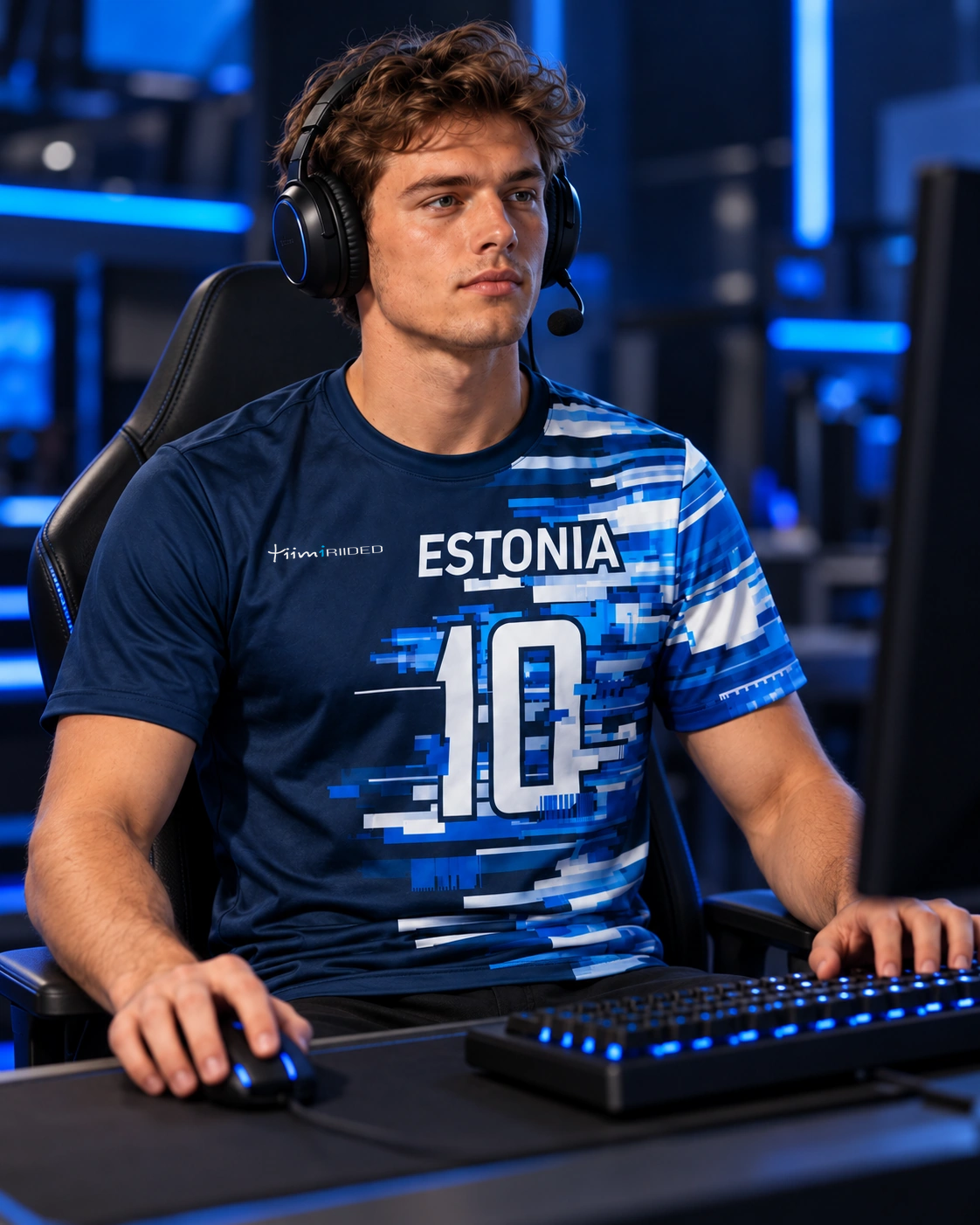 Mees mängib arvuti taga, seljas sinivalge digimustri ja „ESTONIA 10” kirjaga Classic e-spordisärk.