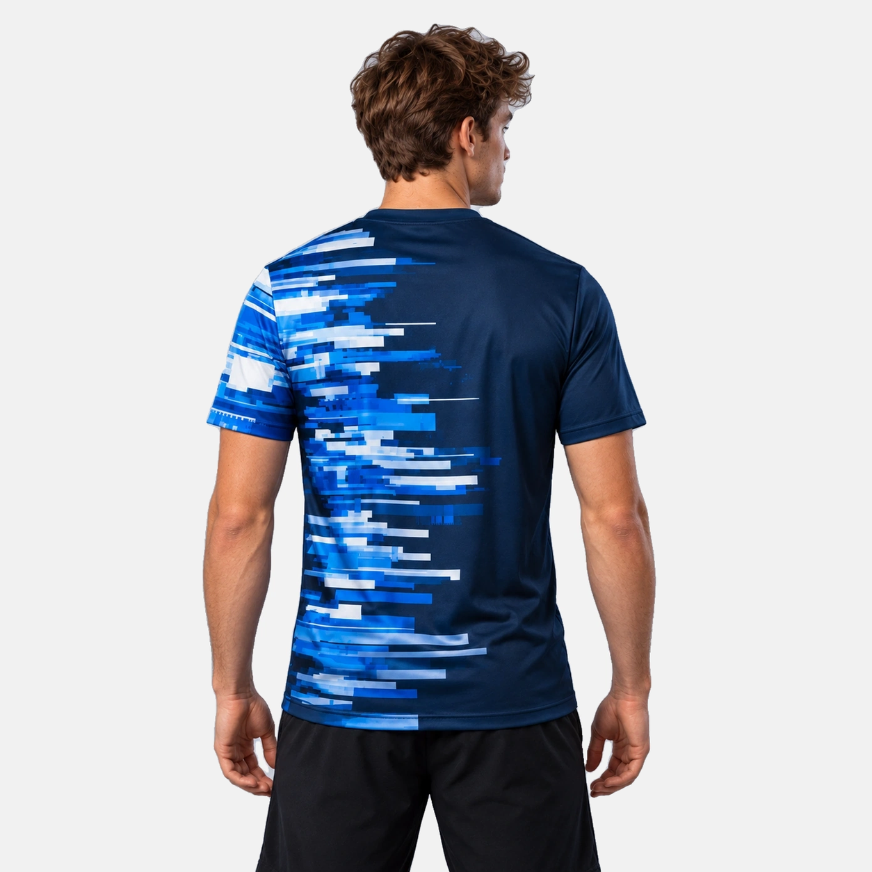 Meeste Classic e-spordisärk sinivalge digimustriga tumesinisel põhjal, tagantvaade.