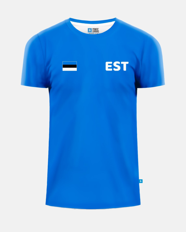 Meeste sinine fännisärk EST Eesti lipu ja EST-kirjaga, eestvaade
