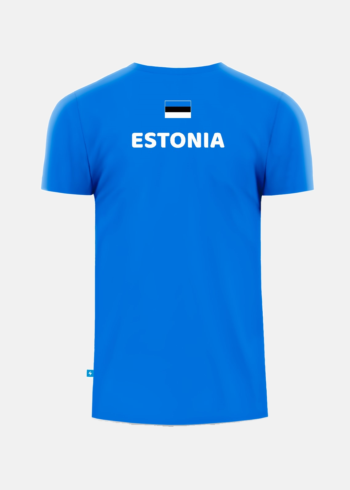 Meeste sinine fännisärk EST Eesti lipu ja ESTONIA-kirjaga, tagantvaade