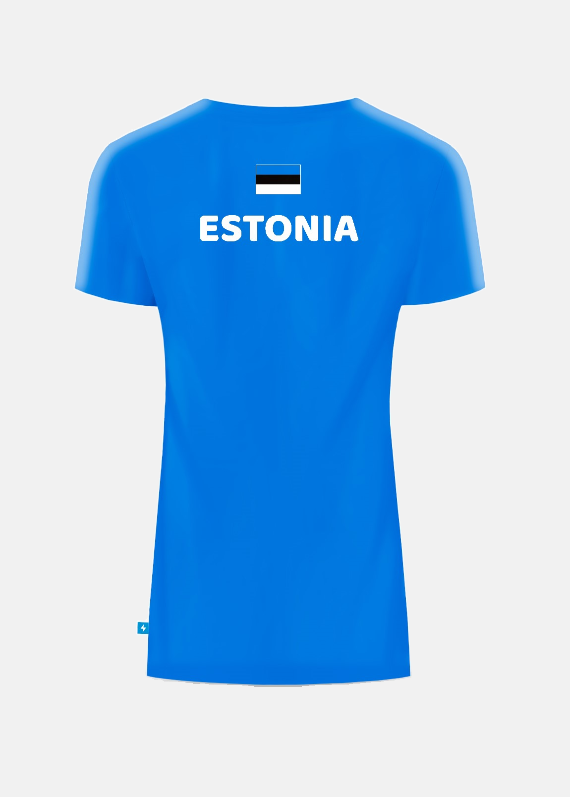 Naiste sinine fännisärk EST Eesti lipu ja ESTONIA-kirjaga, tagantvaade