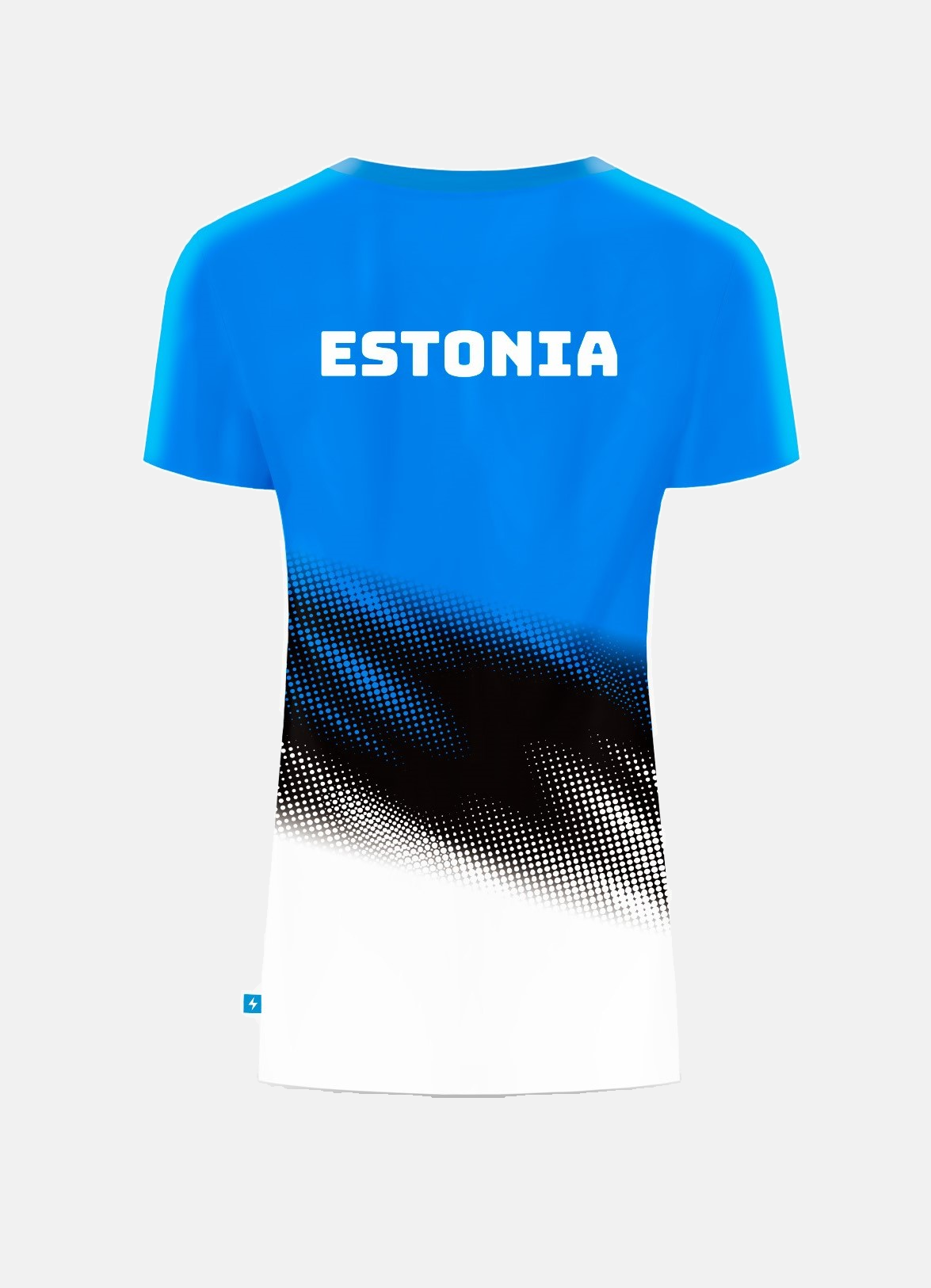 Naiste fännisärk Klassika sinimustvalge mustri ja ESTONIA-kirjaga, tagantvaade