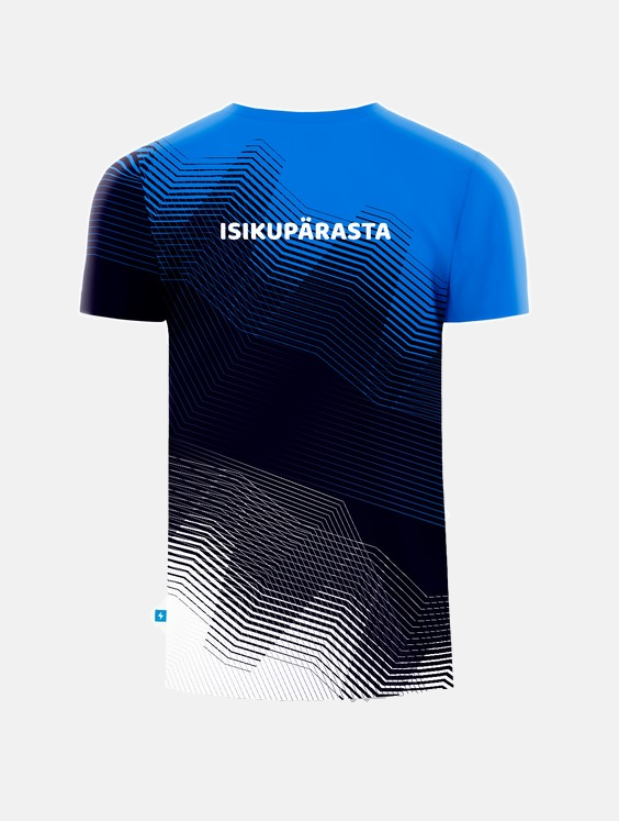 Fännisärk Tiim Sinimustvalge lainelise sinimustvalge joonemustriga, tagantvaade