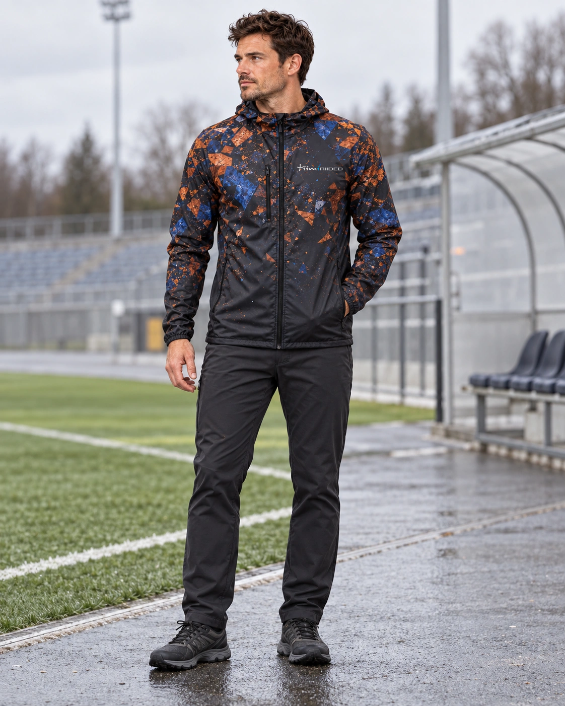Mees tumeda Mineraali kujundusega All Active jakis spordiväljaku ääres.