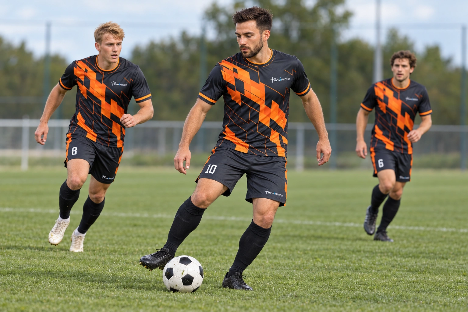 Oranži ja grafiithalli Classic vormiga meeskonnakaaslased jalgpalliväljakul.