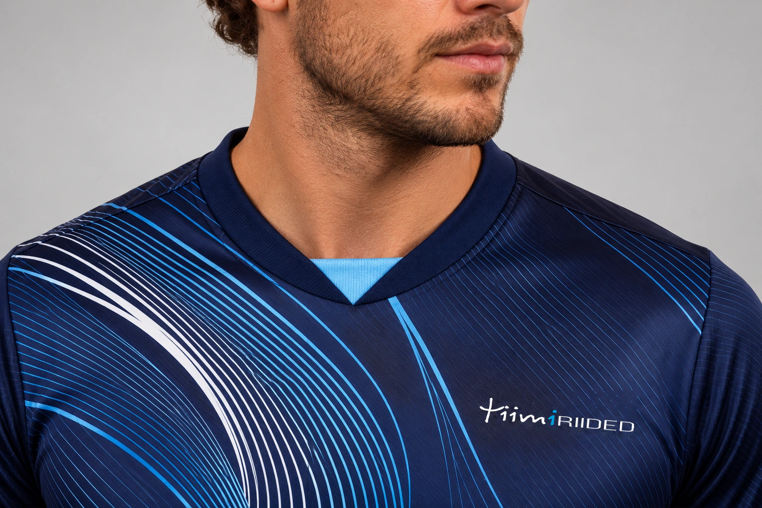 Pro jalgpallisärgi standardkrae helesinise kolmnurkse vahetükiga.