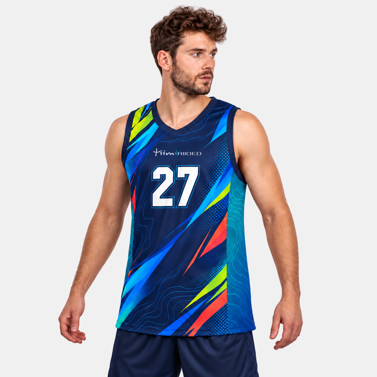 Korvpallisärk Pro meesmodellil eestvaates: sinine, türkiis, laim ja korall, number 27 ning võrkkangast külgpaneelid.