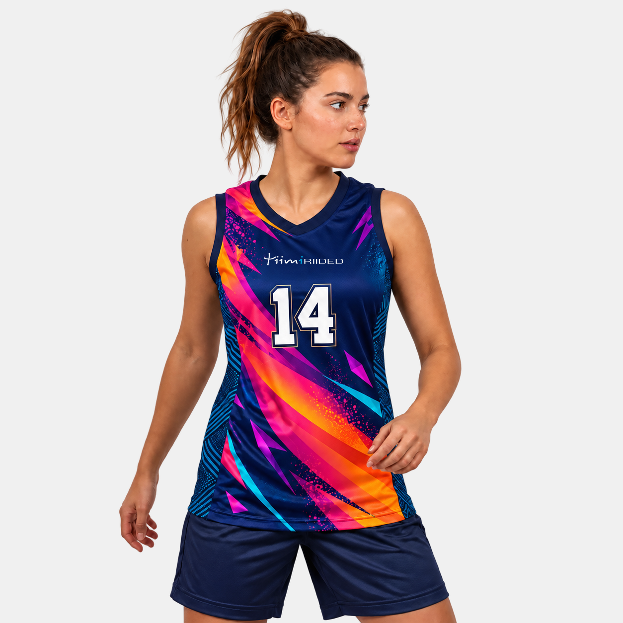 Korvpallisärk Pro naismodellil eestvaates: indigo, magenta, oranž ja türkiis, number 14 ning võrkkangast külgpaneelid.