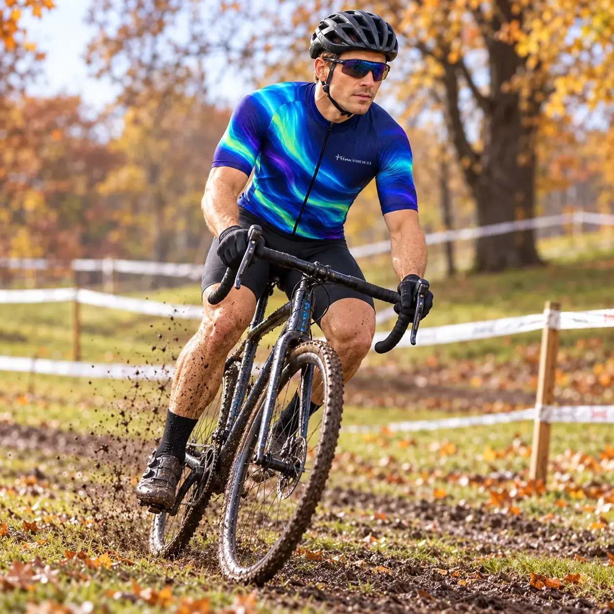 Rattasärk pika lukuga – mees cyclocrossi rajal, sinine-roheline-lilla virmalismuster.