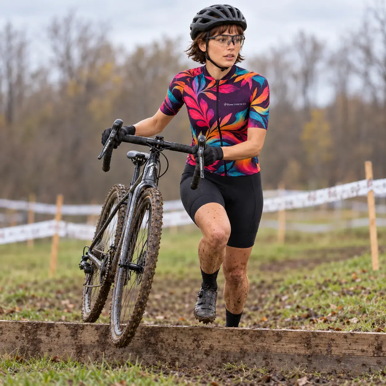 Rattasärk pika lukuga – naine cyclocrossi rajal, koralli-roosa-türkiissinine lehemuster.
