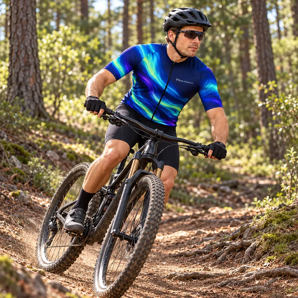 Rattasärk pika lukuga – mees mtb metsarajal, sinine-roheline-lilla virmalismuster.
