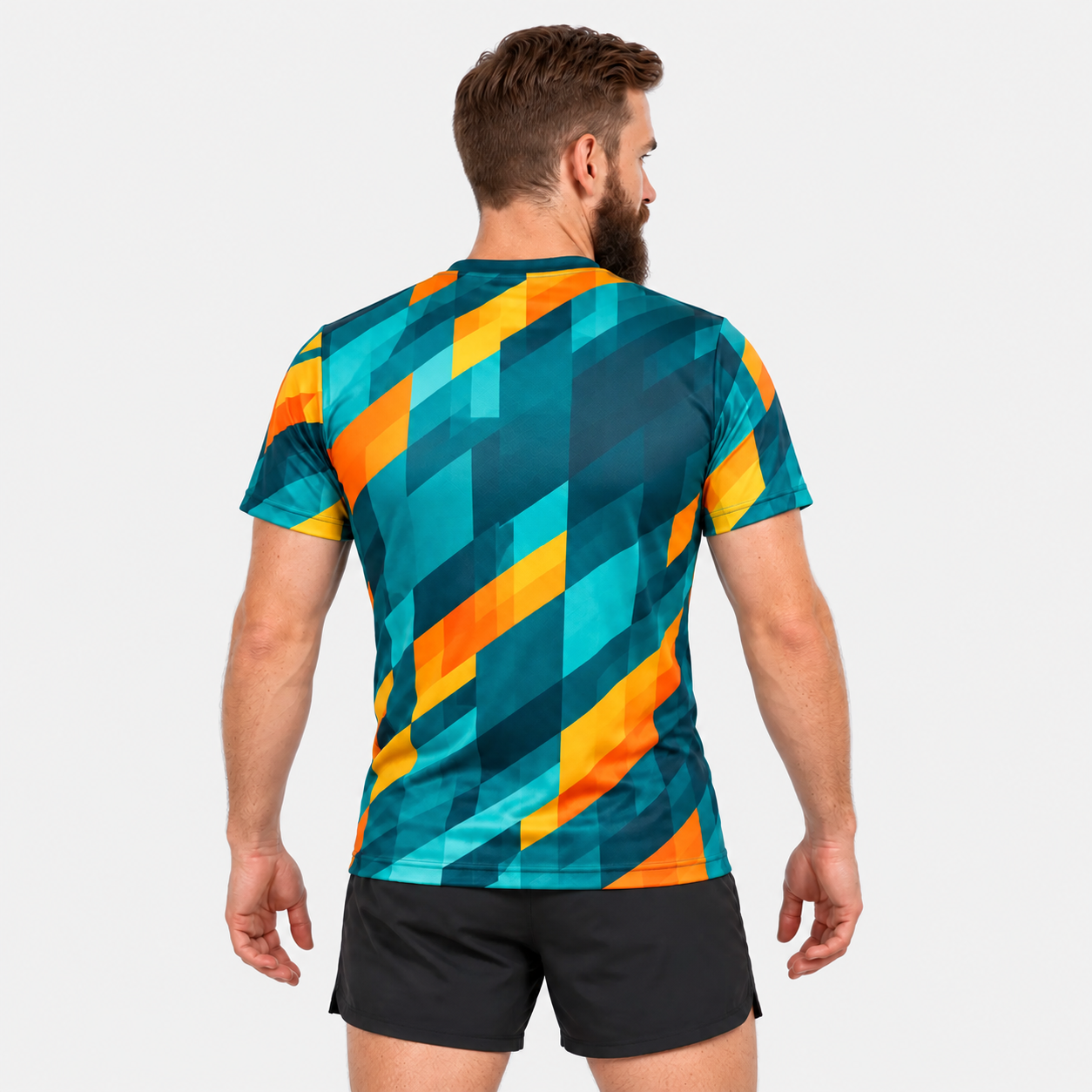 T-särk Light Elastic: meeste lõige, meeste tagantvaade. Petrool, türkiis, oranž ja kollane; geomeetriline muster.