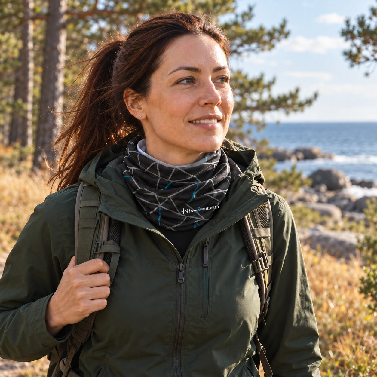 Naine matkab mereäärsel metsarajal, kaelas must geomeetrilise mustriga torusall.