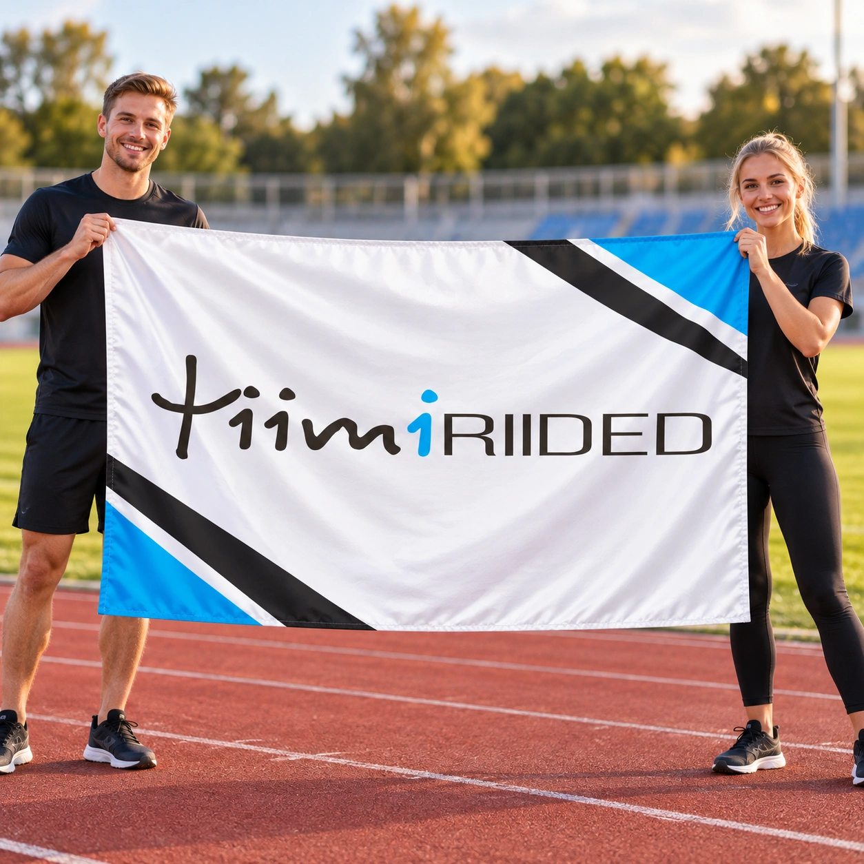 Tiimiriiete logoga tiimilipp kahe toetaja käes staadioni kõrval.