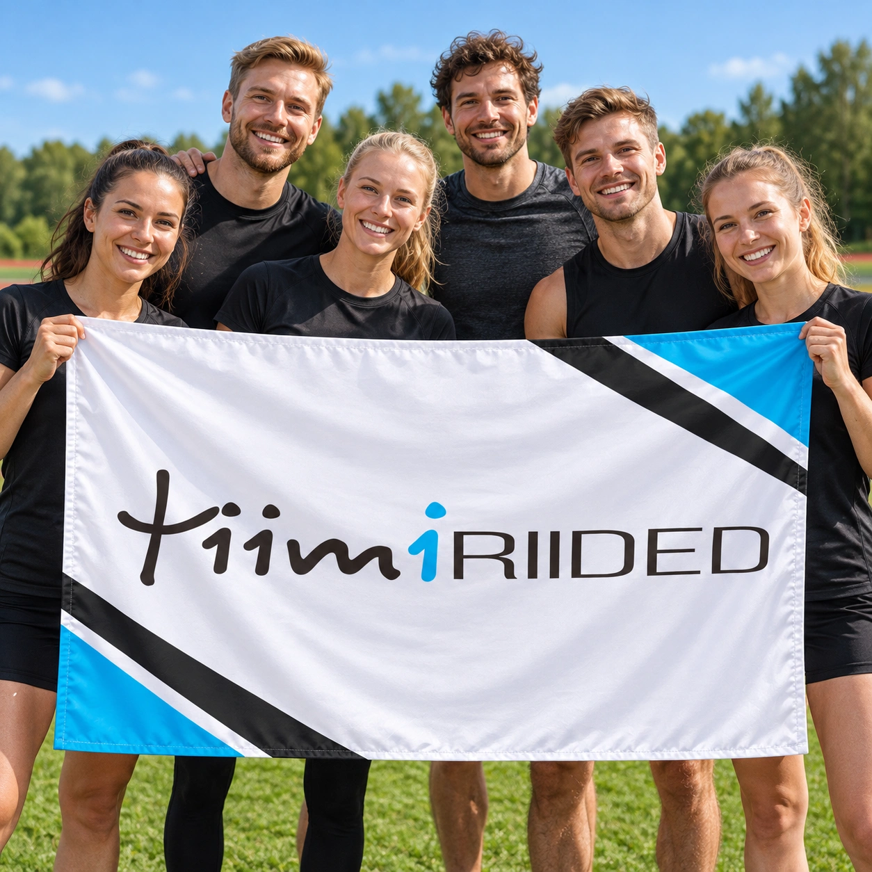 Kuueliikmeline tiim hoiab spordiväljakul Tiimiriiete logoga lippu.