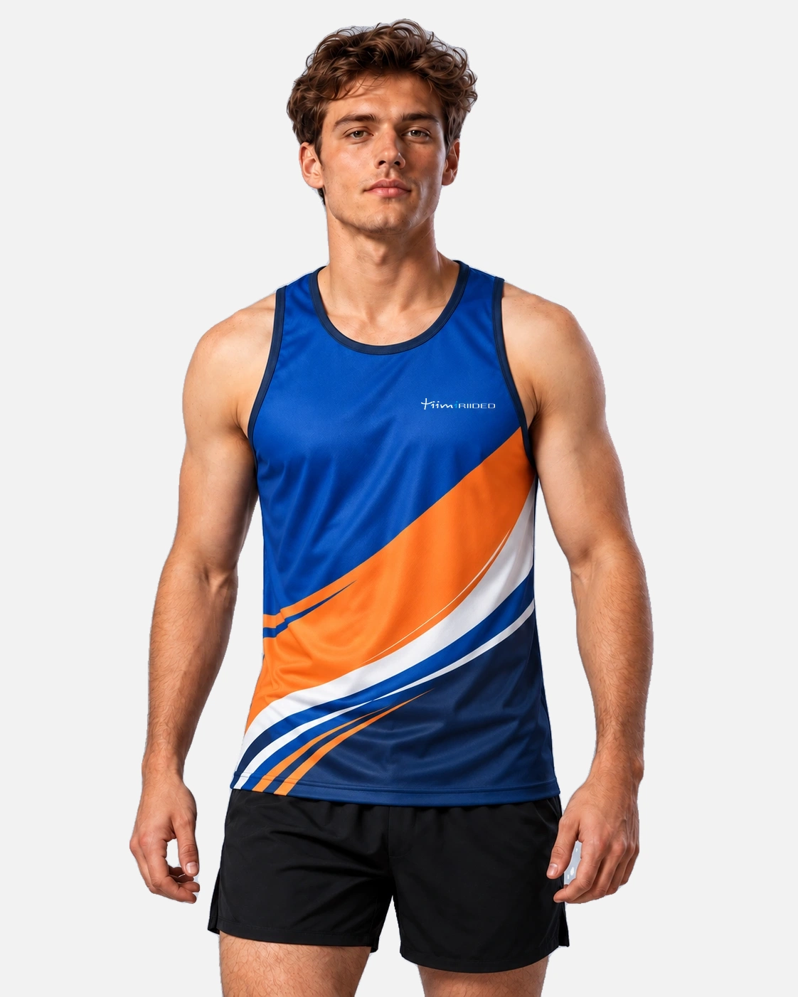 Mees kannab koobaltsinist oranžide ja valgete kaartega varrukateta spordisärki All Active, eestvaade.